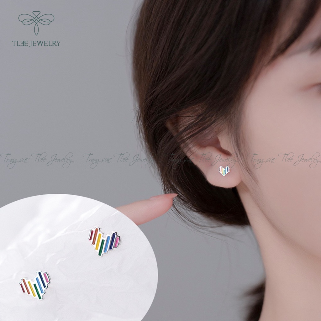 Khuyên tai bạc nữ TLEE tim mini bảy sắc cầu vồng xinh xắn NCJ B0187