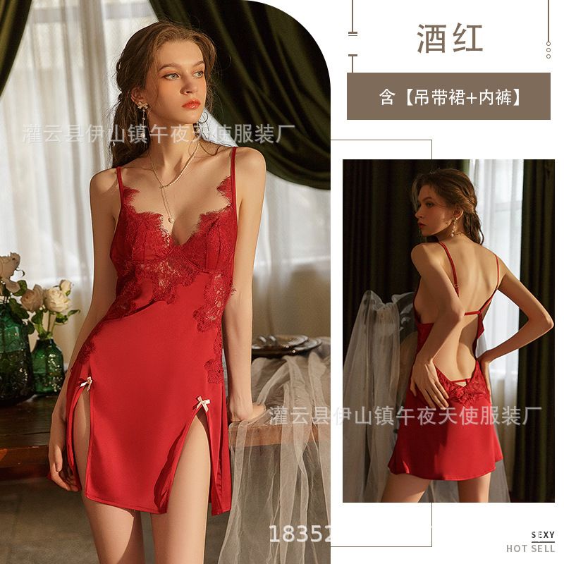 Váy ngủ sexy xẻ tà phối ren ngực kiểu dáng mới _ đầm mặc nhà ngủ nhà quyến rũ quảng châu cao cấp hàng sẵn