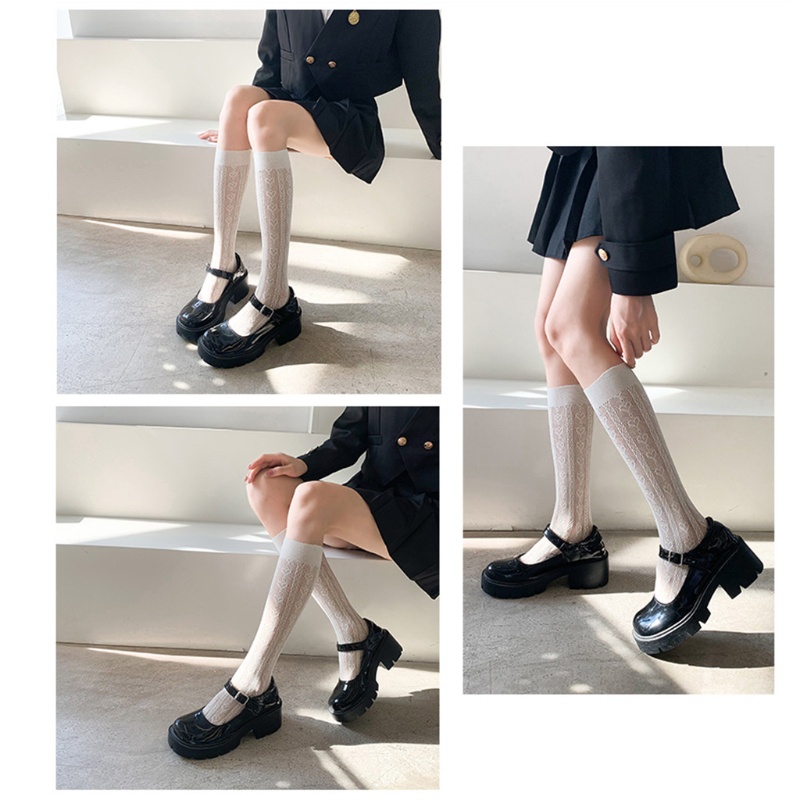 Vớ dài cổ cao tới đầu gối phối ren lưới kẻ sọc họa tiết trái tim phong cách Nhật Bản lolita thời trang dành cho nữ