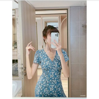 Đầm maxi hoa cổ tim blue