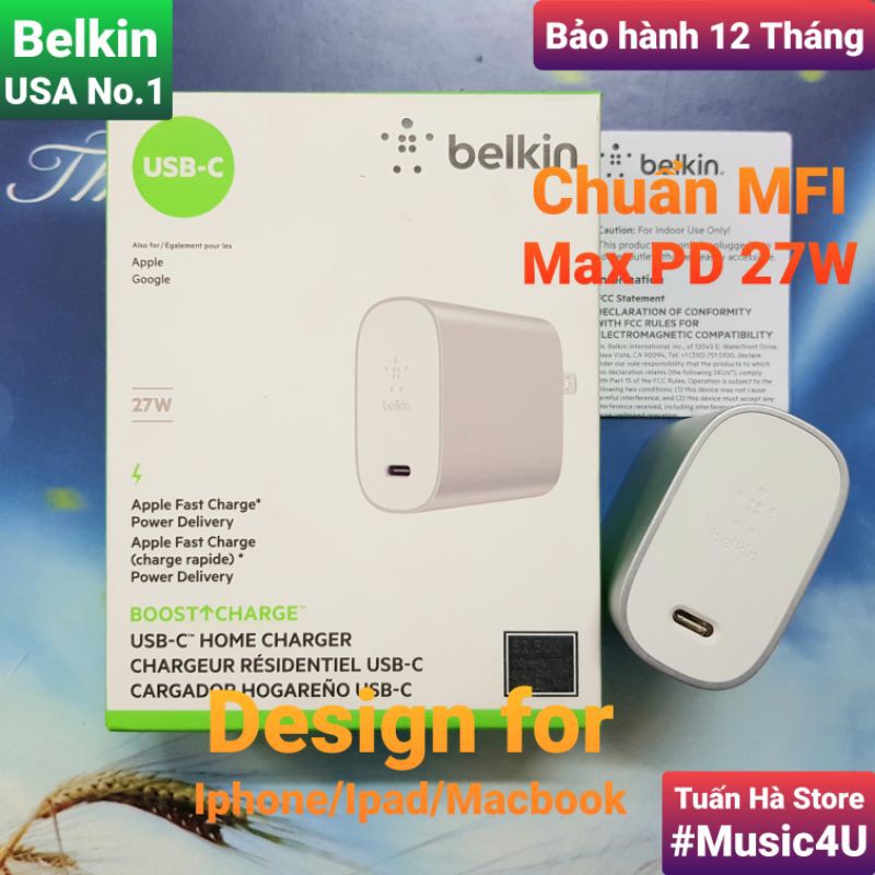 Củ sạc nhanh Belkin PD 27W 39W Type C cho Iphone 11, Iphone 12, Ipad, Macbook, MFI [Music4U]