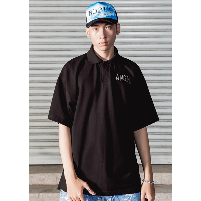 EMBROIDERED ANGEL LOGO POLO/ BLACK