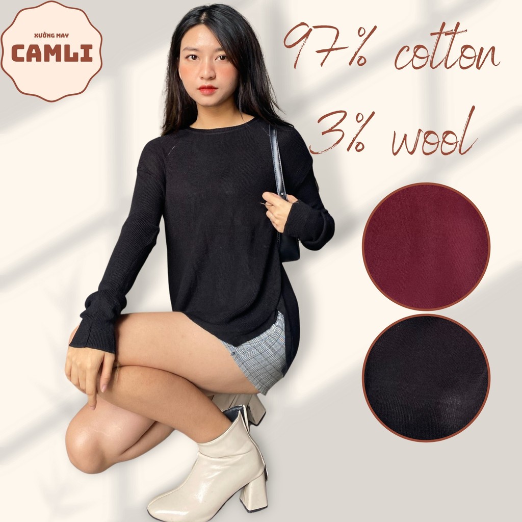 Áo len nữ mỏng CAMLI, sợi cotton pha wool xuất dư Hàn Quốc, xẻ tà thương hiệu MIND BRIDGE 2 màu freesize dưới 65kg