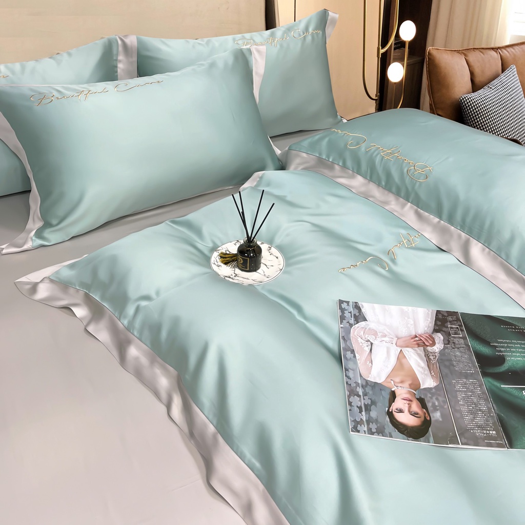 Bộ Chăn Ga Gối Lụa Tencel Cao Cấp Sang Xịn Mịn Mát Gồm Chăn Drap Gối Sét 4 Món - Nhập Khẩu Chính Hãng