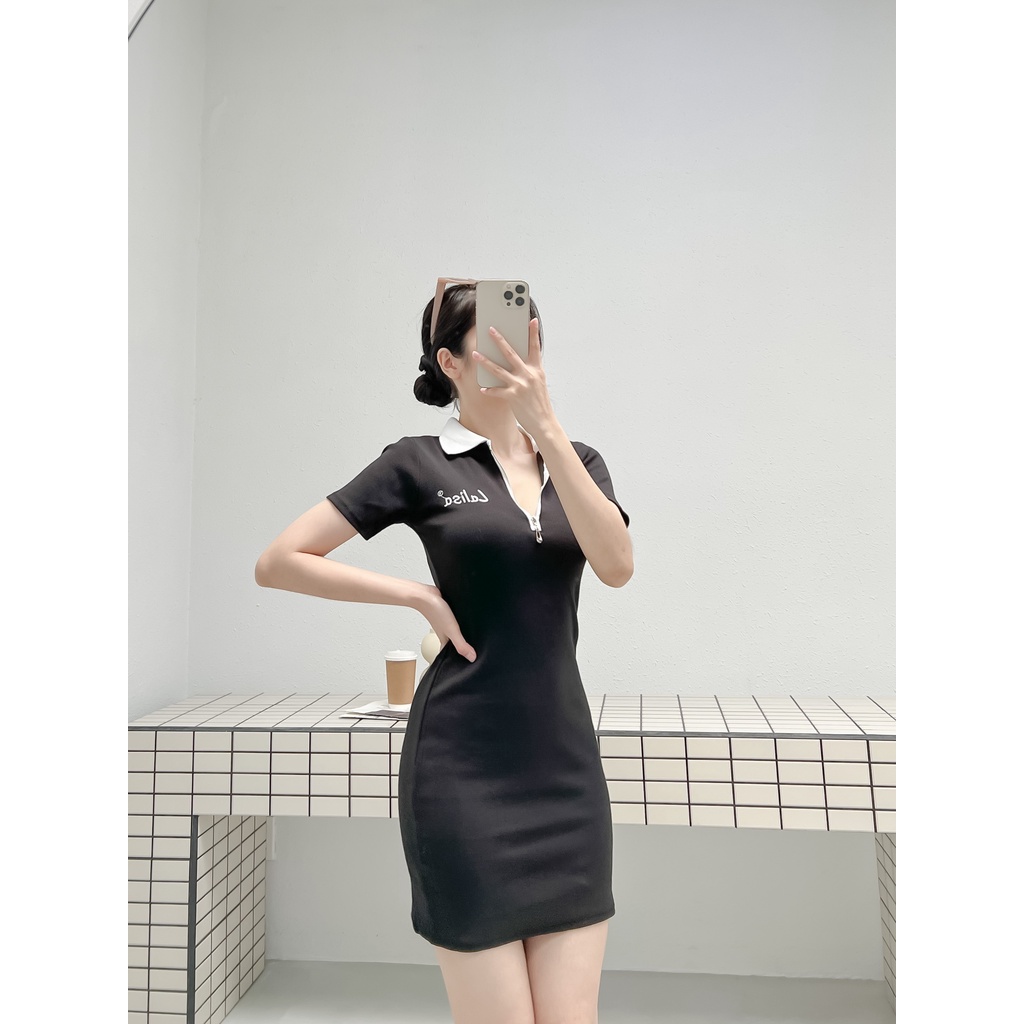 Đầm body POLO 2 màu  (Hình shop chụp)  Thun len gân  thêu chữ dây kéo sắt cá tính - Thời Trang VADA (Đ51)