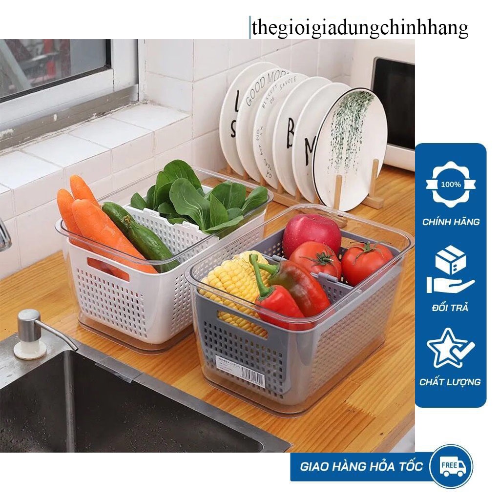 Hộp Đựng Thực Phẩm Tủ Lạnh 2 Lớp, Có Lỗ Thoát Nước, Khóa Thoát Khí Dễ Dàng Bảo Quản Rau Củ