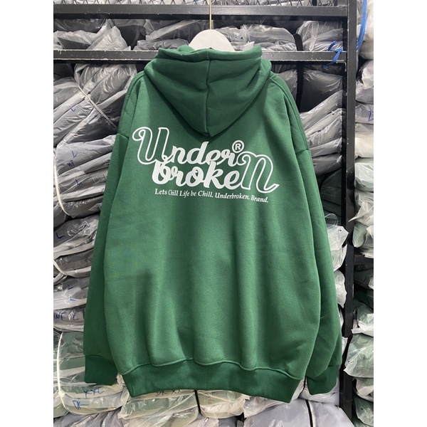 Áo Nỉ HOODIE ZIP UNDER BROKEN màu XANH LÁ, Áo khoác hoodie dây kéo unisex nam nữ form rộng oversize, Nỉ bông cao cấp