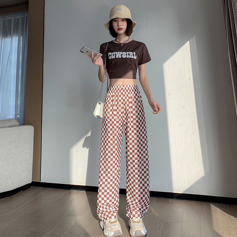 Quần dài IELGY mỏng nhẹ kẻ caro trắng đen thời trang cho nữ