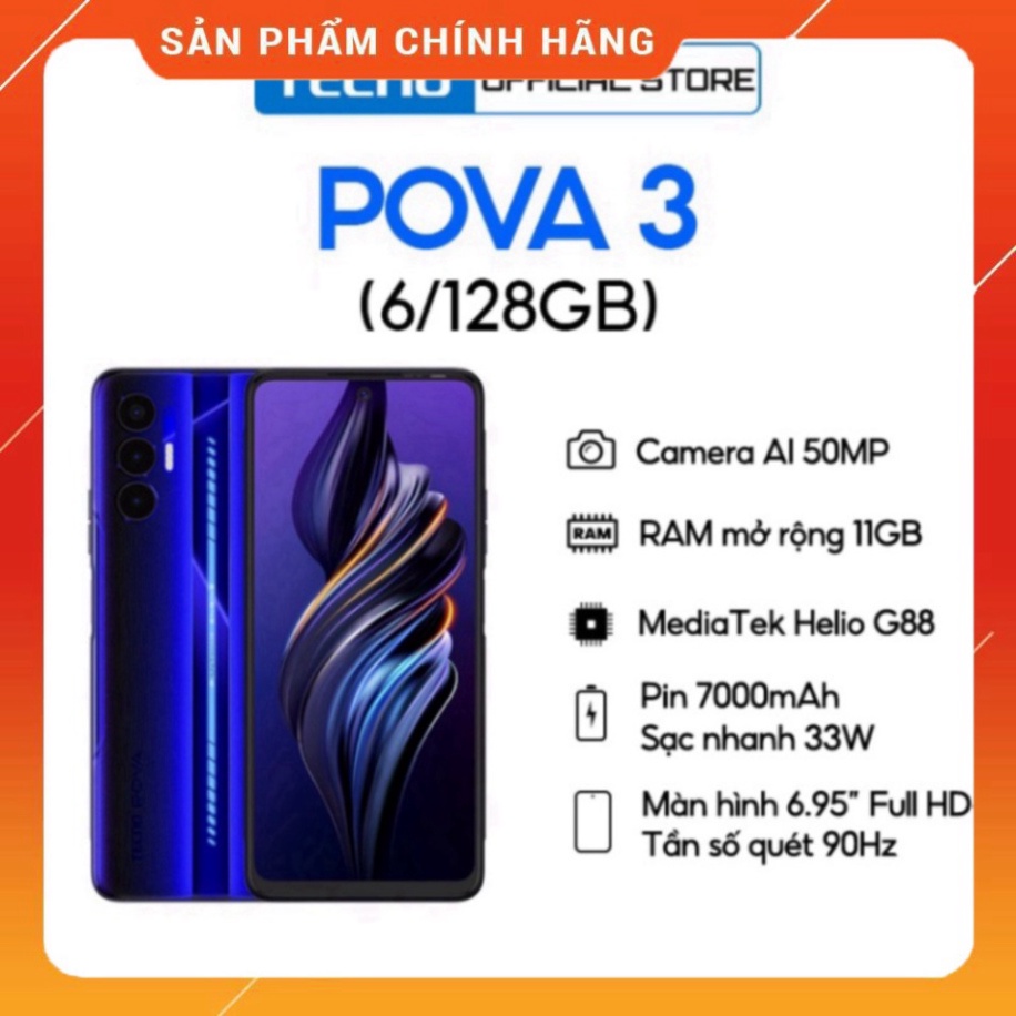 Điện thoại Gaming Tecno POVA 3 (6+5GB)/128GB - Helio G88 | 7000 mAh | Sạc nhanh 33W - Hàng Chính Hãng