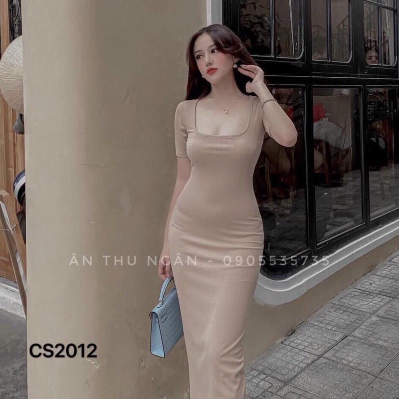 Đầm body nữ cổ vuông cộc tay vải tăm form ôm chất đẹp