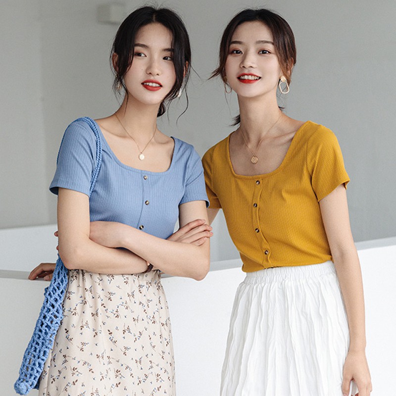 Xiaozhainv Áo thun nữ tay ngắn màu trơn đáng yêu