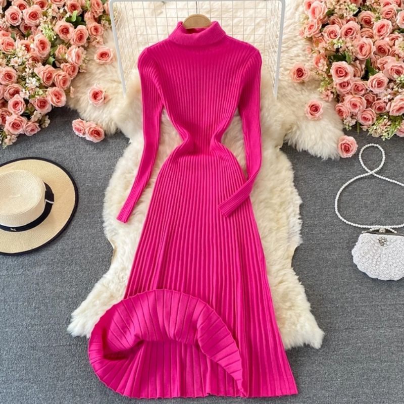 Đầm len cổ lọ tay dài dáng xòe