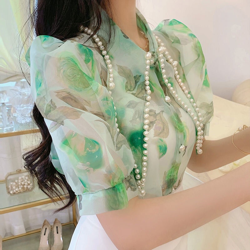 Áo Sơ Mi Ngắn Cổ Nhọn Đính Hạt Lớn Thời Trang Mùa Hè 2022 Cho Nữ