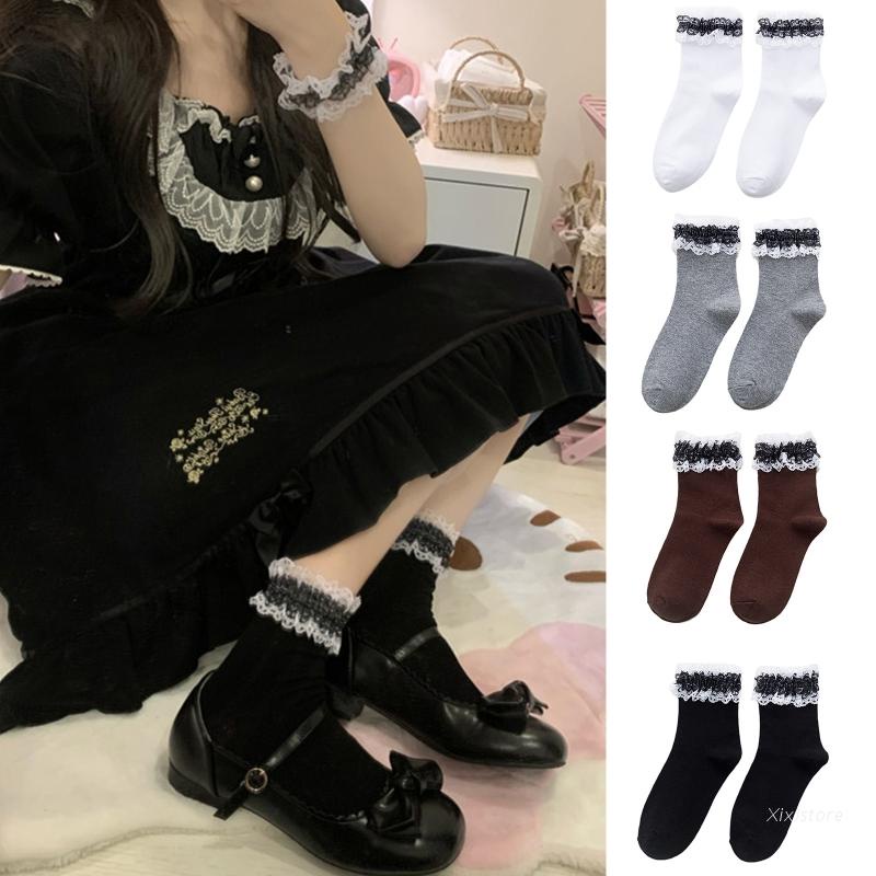 Đôi vớ cổ cao vừa tới mắt cá chân viền ren nhún bèo ấm áp phong cách lolita thời trang thu đông ngọt ngào cho nữ