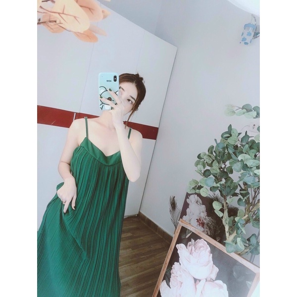 Đầm dập ly suông 2 dây dáng dài-hình thật. alohashop91