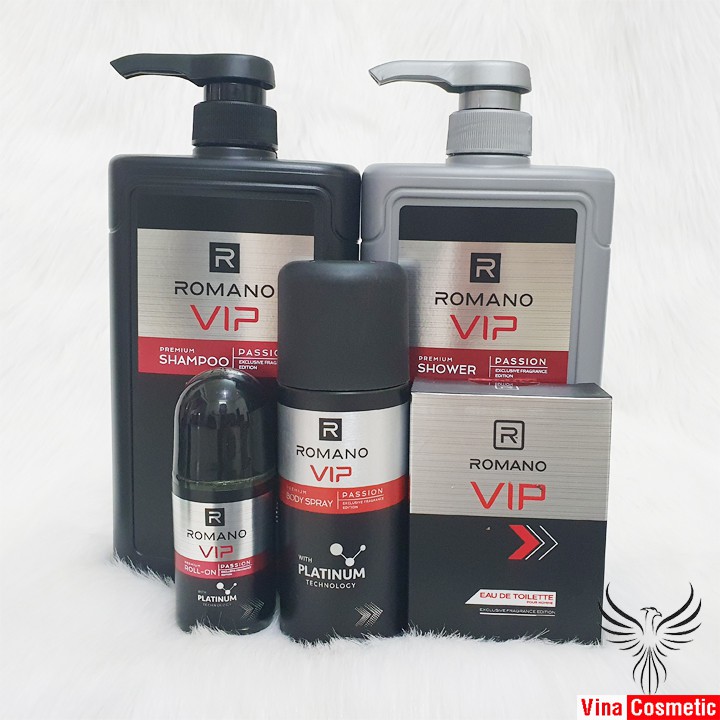 Combo Romano VIP Passion 2020: Dầu Gội + Sữa Tắm 650g + Nước Hoa 50ml + Lăn Khử Mùi 50ml + Xịt Khử Mùi Toàn Thân 150ml