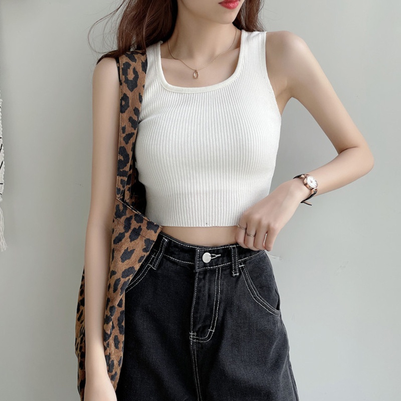 Áo Croptop Dệt Kim Hai Dây Cổ Vuông Màu Sắc Đơn Giản Thời Trang Mùa Hè Cho Nữ