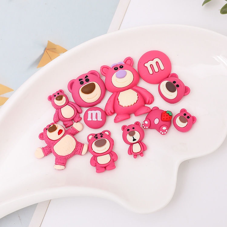 Set 10 charms màu hồng đậm gấu dâu tây để trang trí DIY ốp điện thoại, gương, cặp tóc...