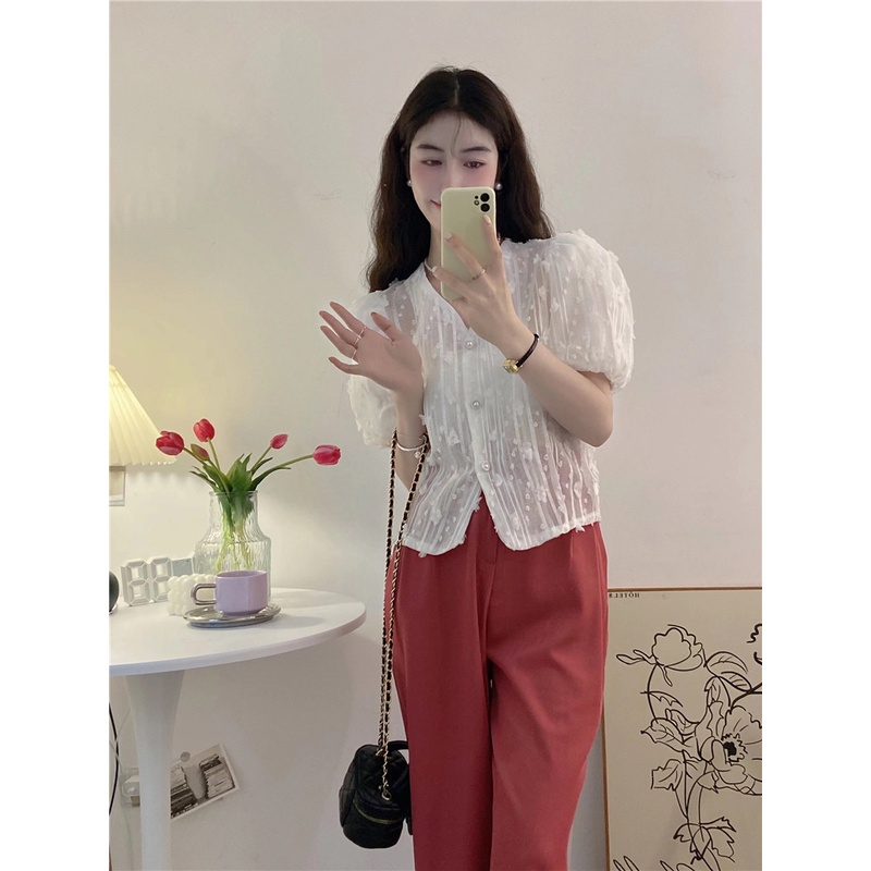 Áo Sơ Mi Tay Phồng Cổ Chữ V Thêu Họa Tiết Hoa Phong Cách Hàn Quốc Thời Trang Cho Nữ