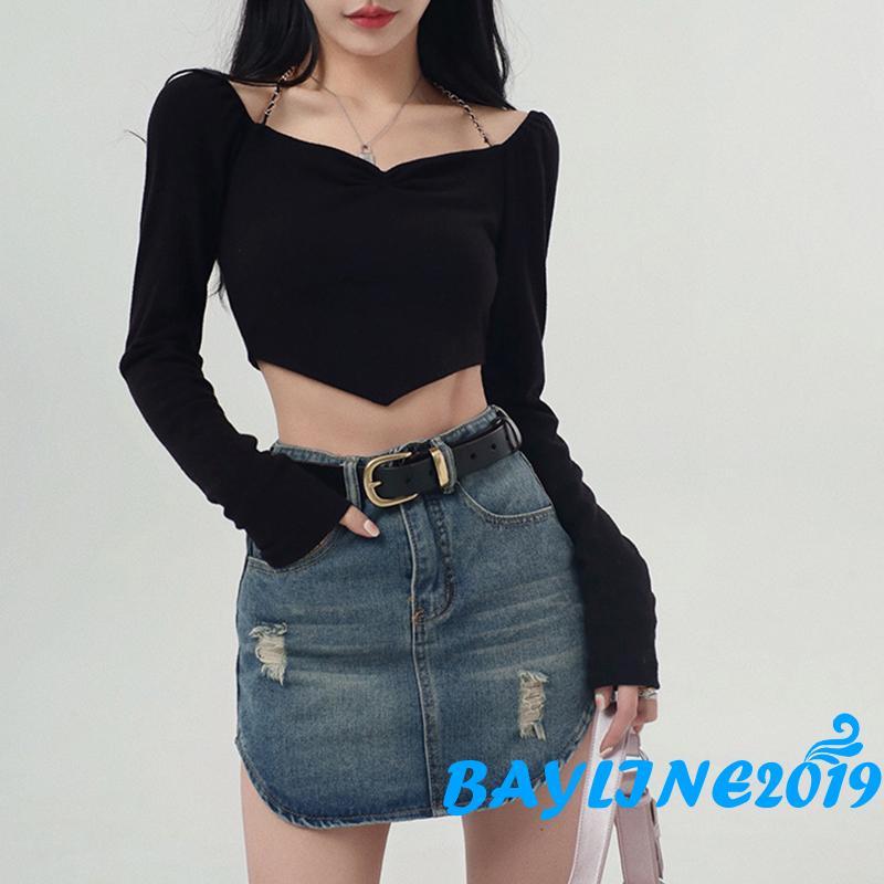 Bay-Women´s Crop Tops Chain Halter Shoulder Cutout Long Sleeve Irregular Hem Slim Fit Short Tops
