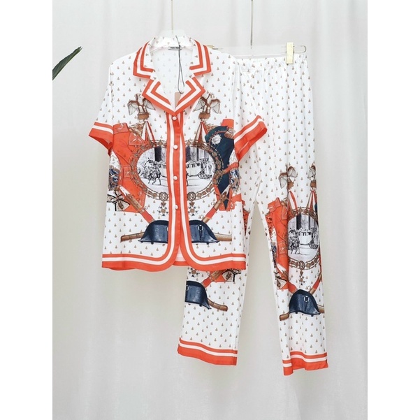 PYJAMA CỘC DÀI HOẠ TIẾT VIỀN ĐỎ CAO CẤP