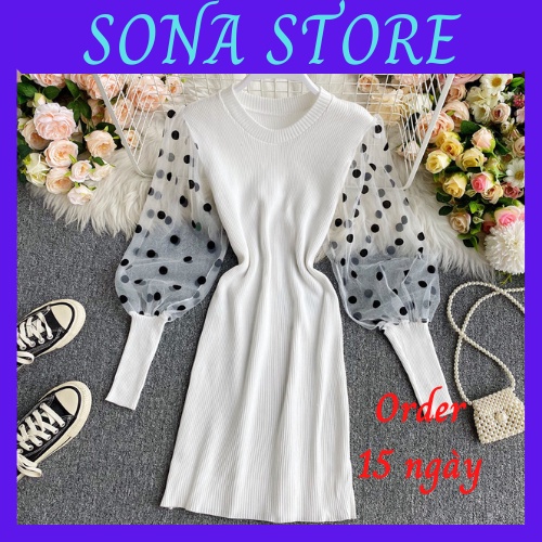 Váy body len dệt kim cổ tròn dài tay chấm bi đầm ôm nữ sexy gợi cảm sang chảnh tiểu thư bánh bèo hàng quảng châu cao cấp