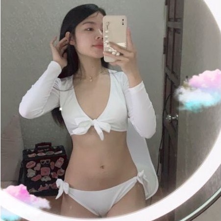Bikini 2 mảnh áo dài tay màu trắng cột nơ mix quần cạp thấp sexy