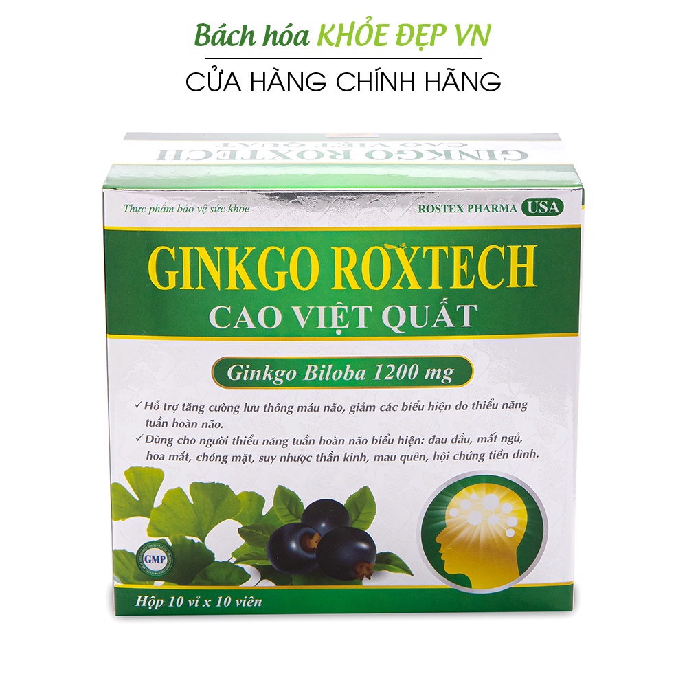 Hoạt huyết dưỡng não Ginkgo Biloba 1200mg - Hộp 100 viên [Ginkgo Roxtech Cao Việt Quất xanh]