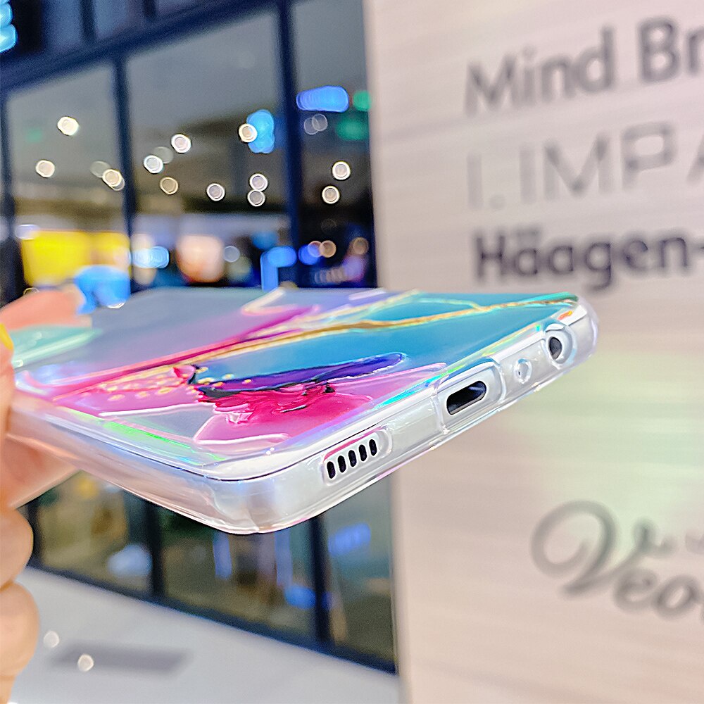 Ốp điện thoại mềm trong suốt in đá hoa cương màu laser cho Samsung Galaxy A52 A72 A32 5G A22 A12 A82 S21 Plus