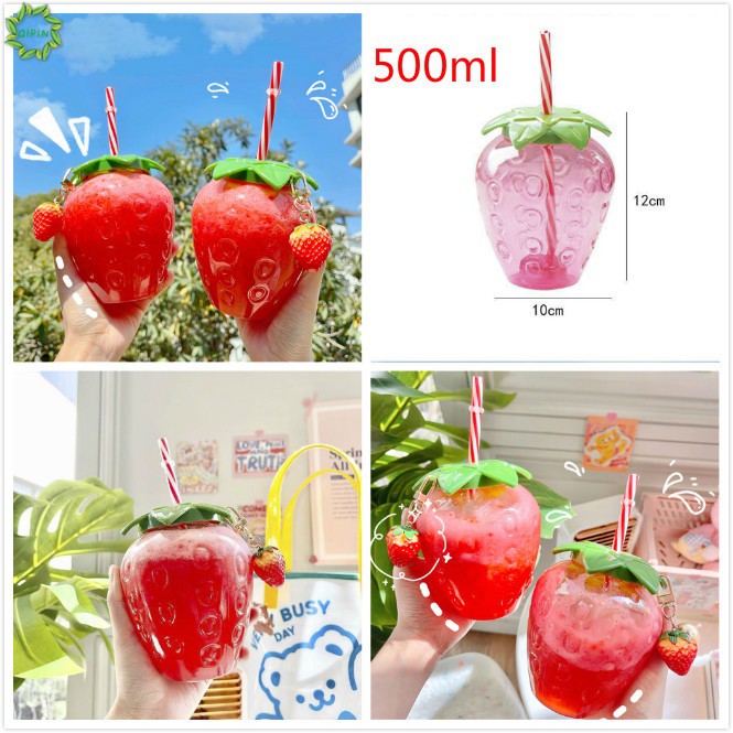 Bình Nước Trong Suốt Hình Trái Dâu Hoạt Hình Đáng Yêu 500ml