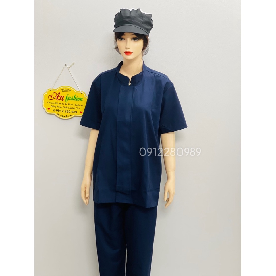 [Áo+Quần+Mũ] Đồng Phục ngành Thực phẩm, Thủy sản tay ngắn màu xanh vải kaki dày dặn _ Hình chụp thật