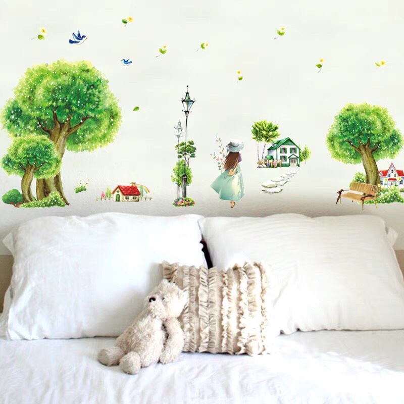 Decal dán tường cây xanh cô gái, sẵn keo dán.