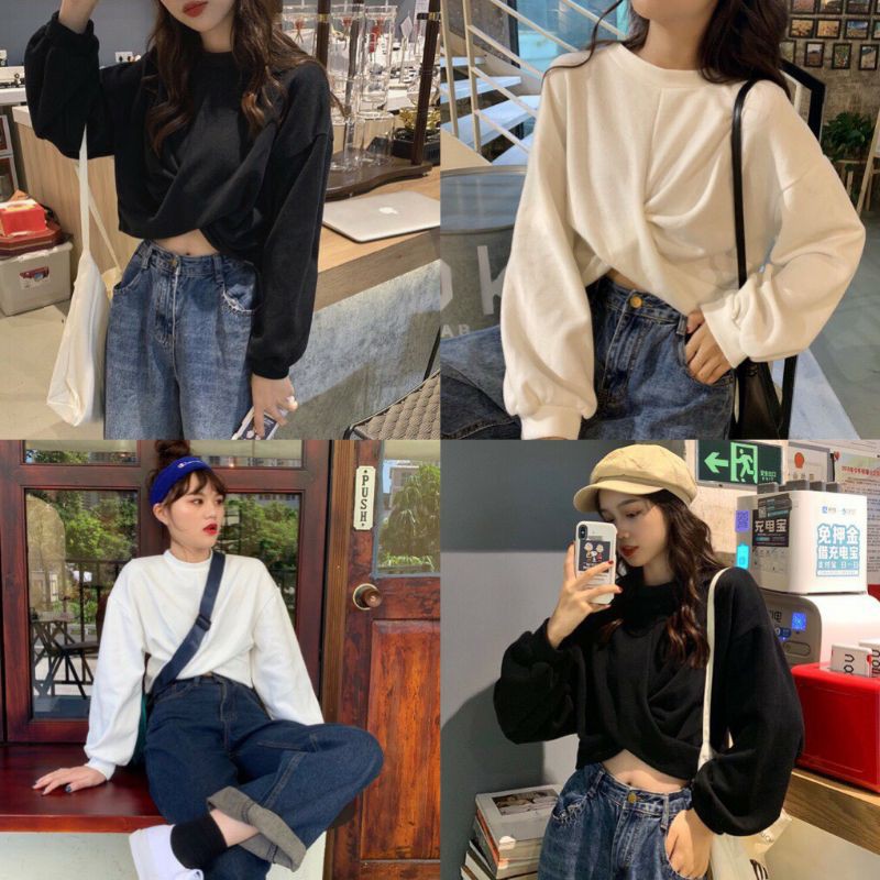 ÁO CROPTOP NỈ XOẮN EO DÀI TAY XÁM ĐEN TRẮNG BASIC - ÁO SWEATER TAY DÀI XOẮN EO 3 MÀU HOT