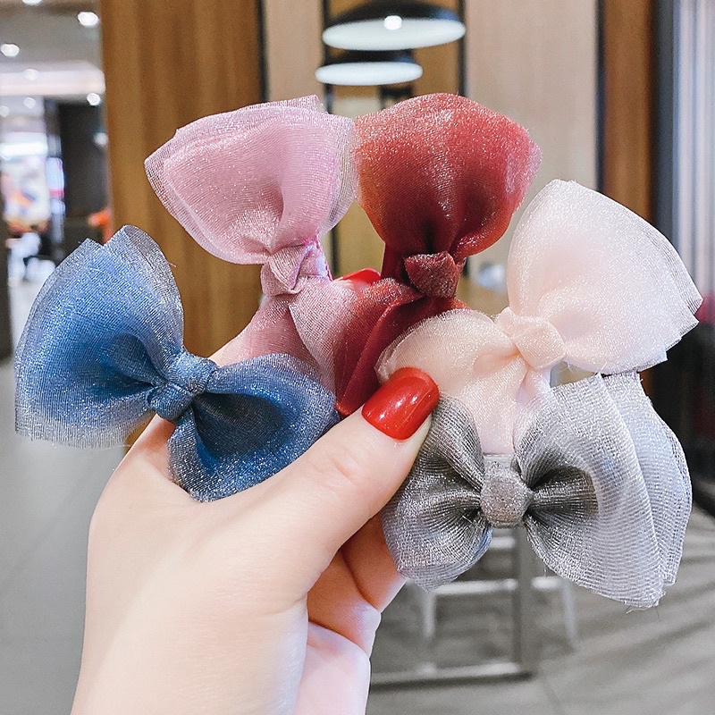 Set 2 chiếc kẹp tóc, dây buộc tóc cho bé gái hình nơ lưới nhiều màu, phụ kiện thời trang cho trẻ em phong cách Hàn Quốc