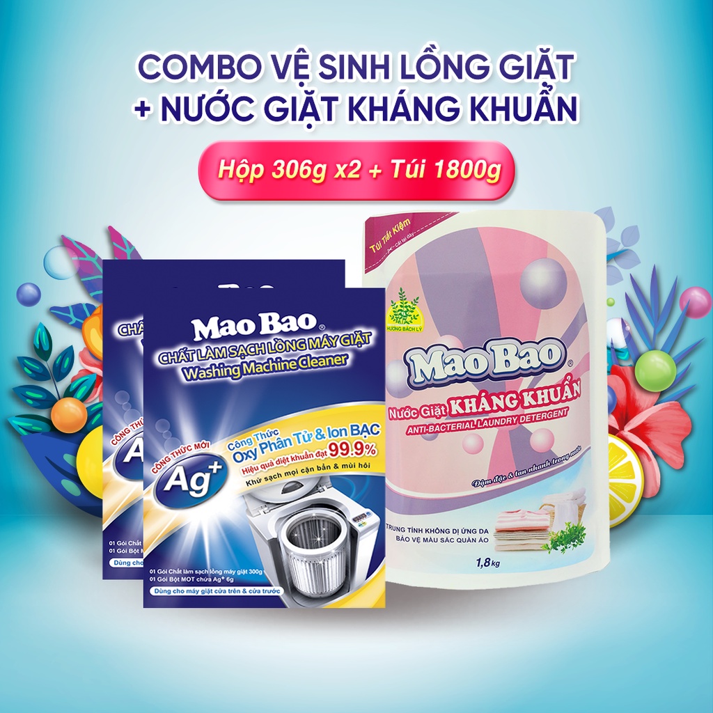 Combo 2 Hộp Chất Vệ Sinh Lồng Máy Giặt Mao Bao 306g + 1 Túi Nước Giặt Kháng Khuẩn 1800g