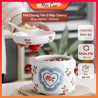 Thố chưng yến, Cốc chưng yến cách thủy bằng sứ 2 nắp họa tiết cherry giữ trọn dưỡng chất