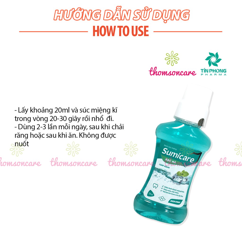 Nước súc miệng Sumicare bạc hà, trà xanh, keo ong - cho trẻ em và người lớn - Chai xúc họng thơm miệng 250ml