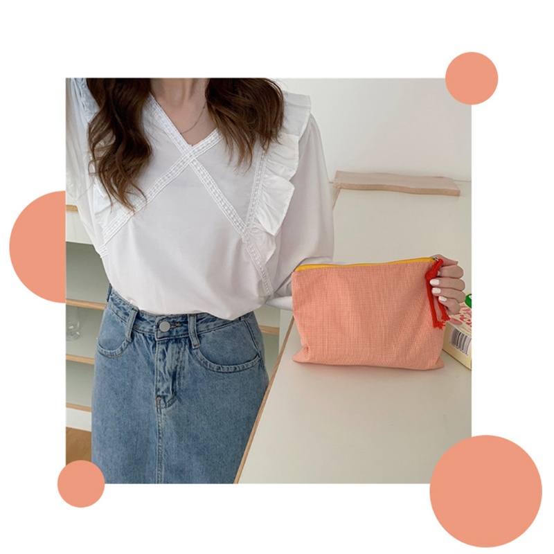 Túi Đựng Đồ Trang Điểm Bằng Cotton Họa Tiết Kẻ Sọc Có Khóa Kéo Đa Năng Thời Trang Cho Nữ