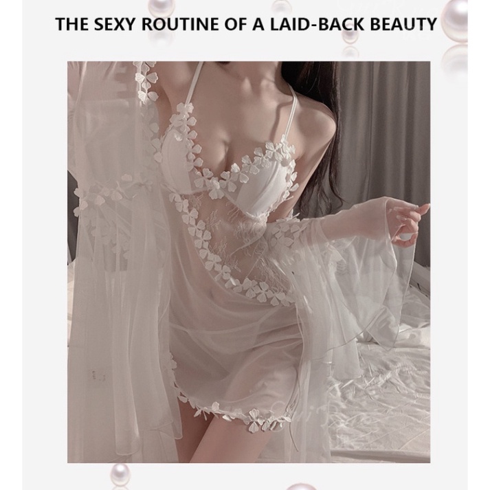 Váy đầm ngủ hai dây xuyên thấu gơi cảm phối hoa sexy nữ 1551 [MEOW Corset]