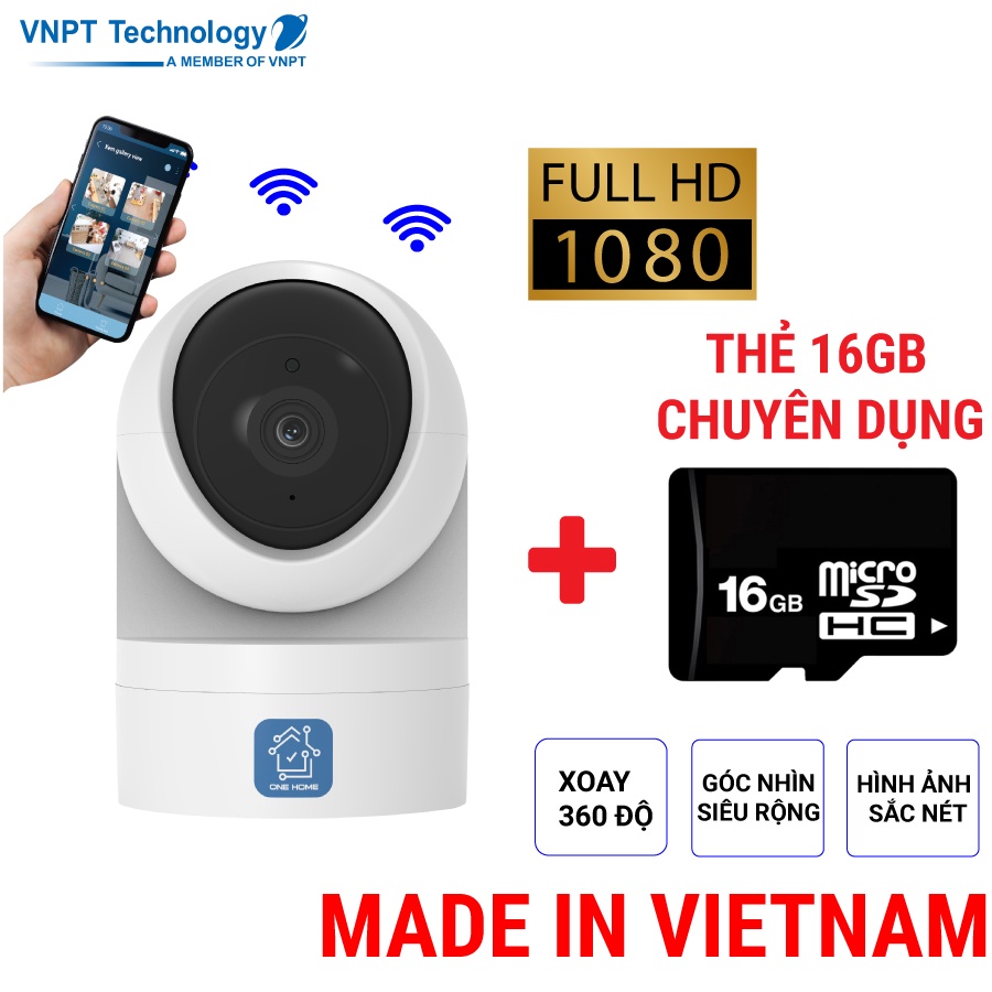 Camera IP Wifi VNPT Technology ONE HOME HVIP01 xoay 360 quan sát rõ ngày và đêm kèm thẻ 16Gb hàng Việt Nam