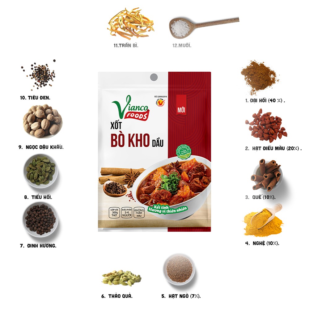 Gia Vị Chuẩn Bò Kho Dầu Vianco Foods - Việt Ấn 18gr Tiện Lợi Dễ Sử Dụng