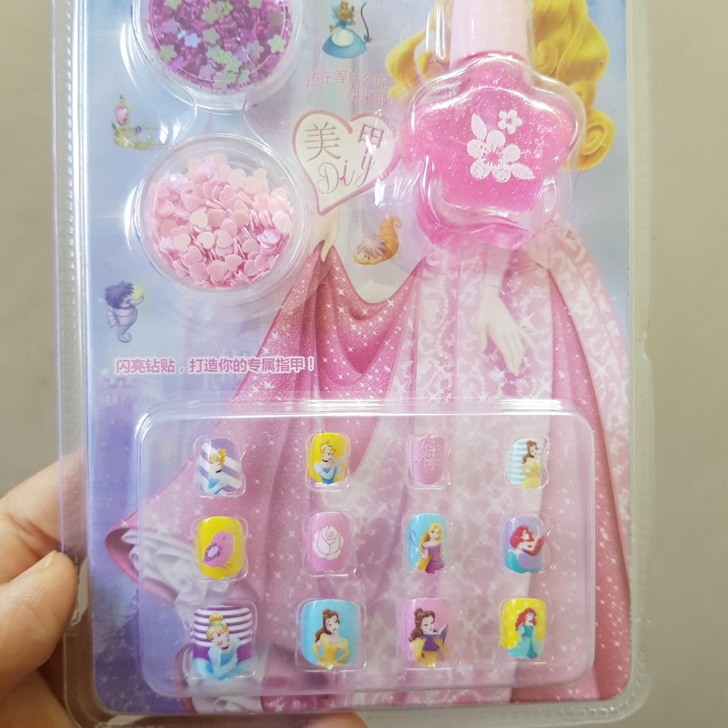 Sét 12 móng tay giả hình công chúa kèm sơn móng tay cho bé gái
