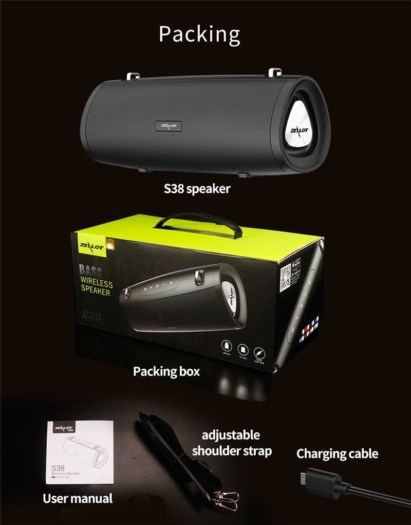 Loa Bluetooth ZEALOT S38 Âm Thanh Siêu Trầm Chống Nước Và Phụ Kiện