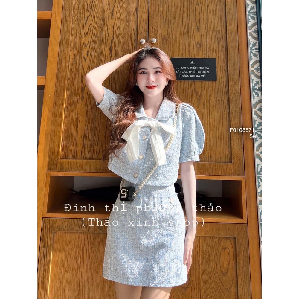 Set dạ áo nút croptop cổ đính nơ tay ngắn+ chân váy ngắn có lót quần!