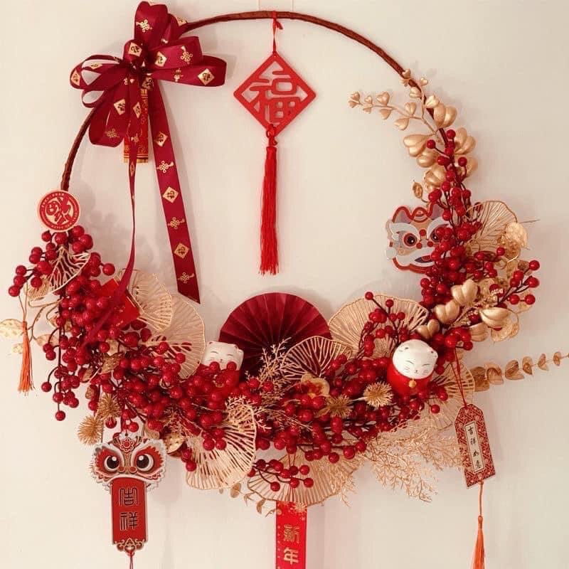 Vòng hoa đào đông đỏ Vòng hoa đào tết treo cửa trang trí đêm tân hôn Ngày tết may mắn tài lộc, Decor nhà cửa