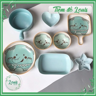 [Tách set] Bộ bát đĩa/Set bát đĩa hoạ tiết VOI màu xanh decor cho bé ăn dặm