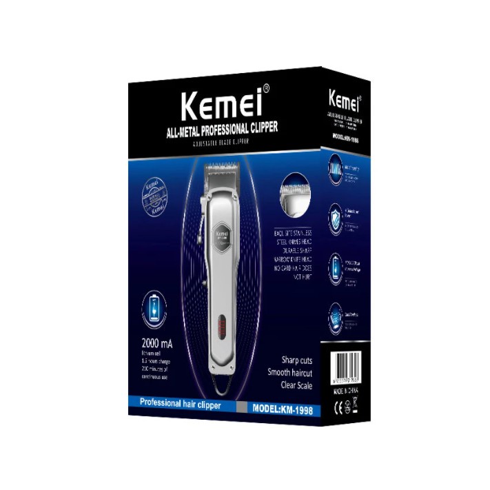 Tông đơ cắt tóc chuyên nghiệp Kemei KM-1998 phiên bản pro Pin 2000mAh, máy siêu nhẹ siêu mạnh siêu êm.