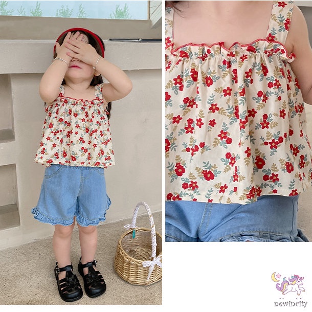 Set Đồ Mùa Hè 2 Món Gồm Áo Hai Dây In Hoa + Quần Ngắn Hàn Quốc Cho Bé Gái