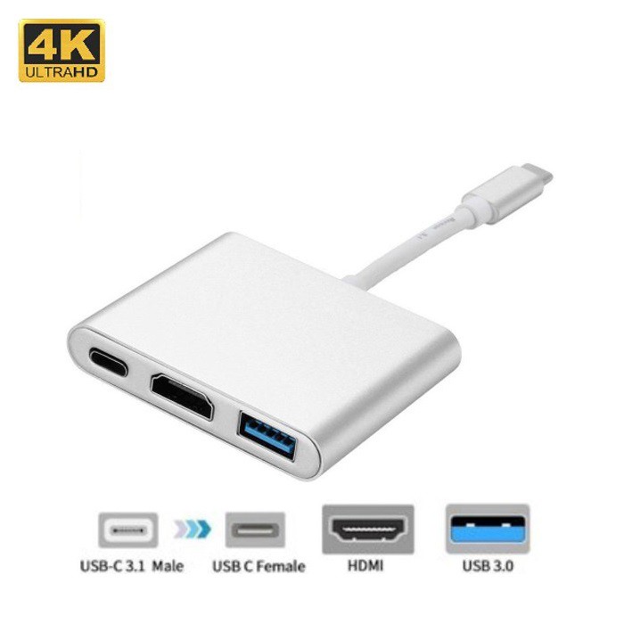 Cáp 3 in 1 chuyển đổi typeC sang HDMI/ USB/ TypeC VS - hỗ trợ chất lượng 4K (Xám)