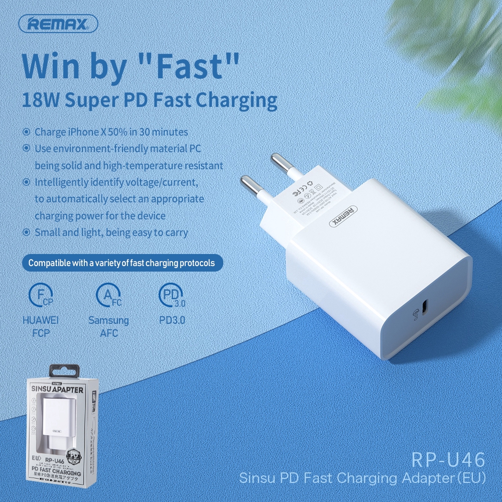 Remax type-c Port Charger Plug with EU US Plug 18w super PD 3.0 Fast Charging Adapter